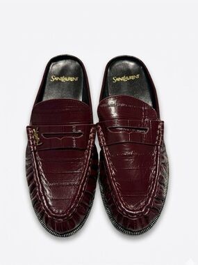 Saint Laurent Men's Dark Burgundy Leather Penny Loafers with Gold YSL Accent